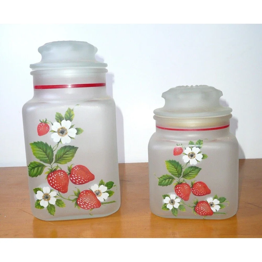 Vintage Anchor Hocking Strawberry Canister Set, 4 Piece Frosted/Satin Glass